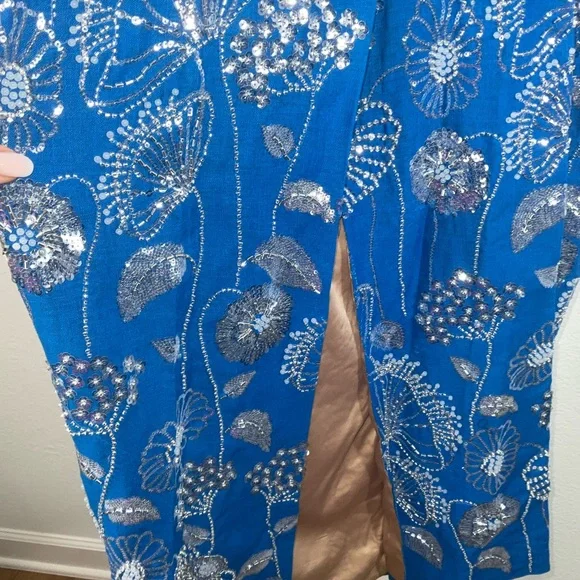 Milly Orion Sequin Embellished Linen Strapless Blue Floral Dress Milly Orion Sequin Embellished Linen Strapless Blue Floral Dress